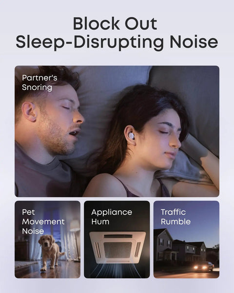 Woman using Sleep Earbuds With Active Noise Cancellation And Snore Masking For Deeper Sleep, Ultra Comfortable For Side Sleepers, Passive Isolation, Eight To Ten Hour Battery, Rich Sleep Audio Headphones For Nighttime Rest.