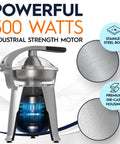 Eurolux 300W Industrial Strength Stainless Steel Electric Citrus Juicer Squeezer With Dual Pulp Filters, showcasing stainless steel body and powerful motor.