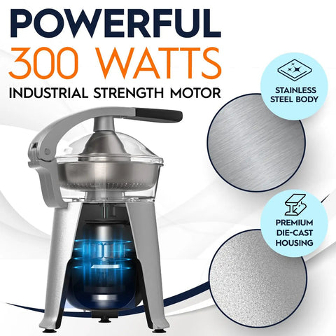 Eurolux 300W Industrial Strength Stainless Steel Electric Citrus Juicer Squeezer With Dual Pulp Filters, showcasing stainless steel body and powerful motor.