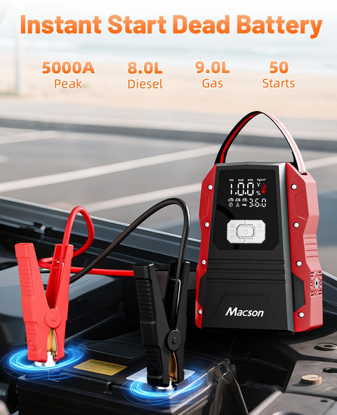All In One Jump Starter With Air Compressor Portable 12V Battery Pack for 9 Liter Gas and 8 Liter Diesel Engines with clamps