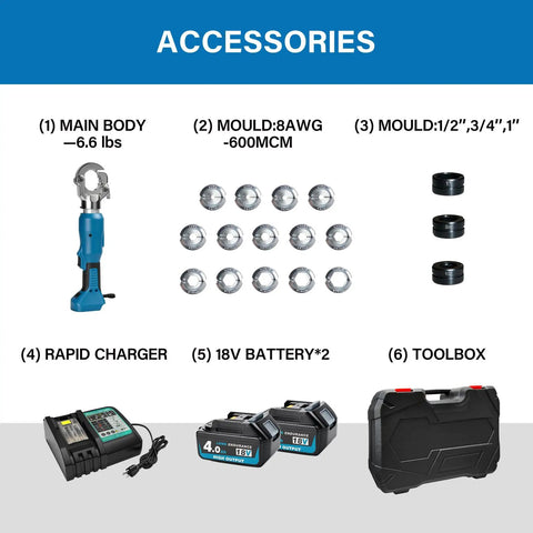 Tough As Nails Electric Battery Hydraulic Cable Lug Crimping Pliers With 17 Interchangeable Dies accessories including charger and batteries