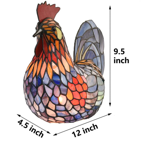 Colorful Rooster Tiffany Style Stained Glass Table Lamp with Night Light for Bedside and Living Room Decor 12 Inch Long E12 Socket LED Bulb Included Warm White Glow