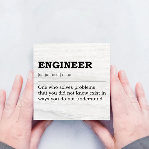 Rustic 5x5 Engineer Definition Decor Box Sign held by hands, for office and home, nerdy wooden gift for engineers, white color