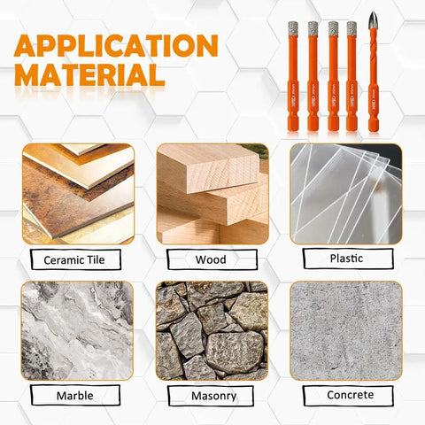 Application materials for Badass 12 Piece Diamond Drill Bit Set: ceramic tile, wood, plastic, marble, masonry, concrete.