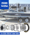 Close-up of Racewill boat trailer bearing kit components; seals, caps, cotter pins for 5200–7000 lb axles.