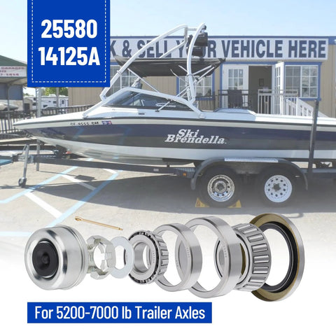Close-up of Racewill boat trailer bearing kit components; seals, caps, cotter pins for 5200–7000 lb axles.