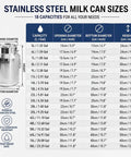 Stainless Steel Milk Can Sizes chart with 18 capacity options, dimensions, and details for Top Shelf 304 Stainless Steel Water Dispenser With Airtight Lid And Snap Latches, Zero Drip Spigot For Hauling Wine Oil Or Milk, Backyard Ready Liquid Storage Barrel, 23 Gallon Tank.