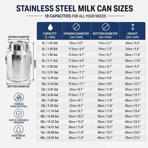 Stainless Steel Milk Can Sizes chart with 18 capacity options, dimensions, and details for Top Shelf 304 Stainless Steel Water Dispenser With Airtight Lid And Snap Latches, Zero Drip Spigot For Hauling Wine Oil Or Milk, Backyard Ready Liquid Storage Barrel, 23 Gallon Tank.