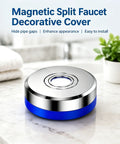 Magnetic Split Faucet Decorative Cover showing shiny chrome and blue design, ideal for hiding pipe gaps in kitchens and bathrooms.