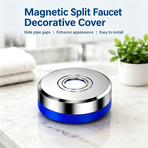 Magnetic Split Faucet Decorative Cover showing shiny chrome and blue design, ideal for hiding pipe gaps in kitchens and bathrooms.