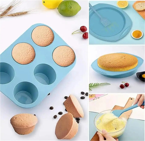 All In One Silicone Baking Set 7 In 1 For Ovens With Brush And Spatula And Round Square And Loaf Pan Molds In Blue Nonstick