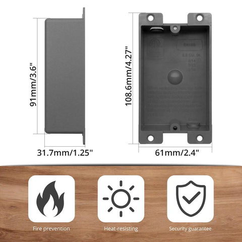 Old Work 1-Gang Shallow PVC Outlet Box With Mounting Tabs For Drywall Easy Install 8 Cu In Capacity With Living Hinges ETL Grey Pack Of 3, side view with dimensions