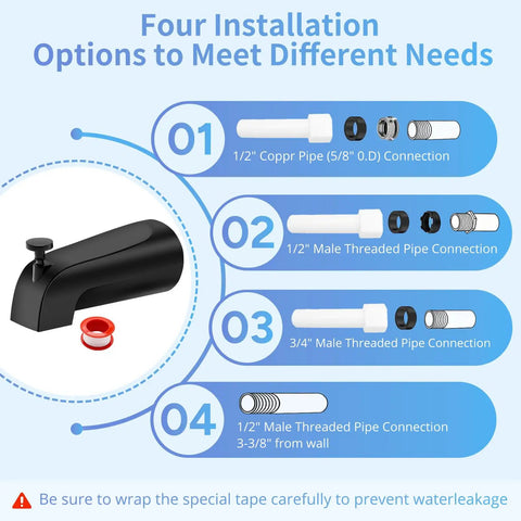 Matte Black 3 Piece Shower Knob And Diverter Tub Spout Kit installation options guide with threaded connections