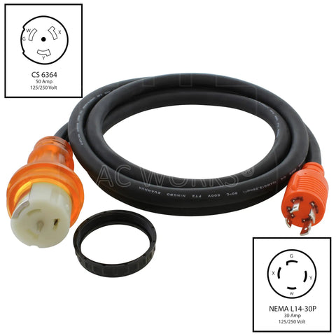 L14-30P to CS6364 50A Locking Plug Transfer Adapter with 10ft SOOW cable, heavy duty 125 250V power cord, 7,500 watts, 600V rubber jacket