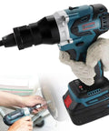 Professional Grade Cordless Electric Rivet Nut Gun For M3 Through M12 Threaded Inserts With Automatic Mandrel Extraction One Trigger Pull Setup in use with ergonomic grip.