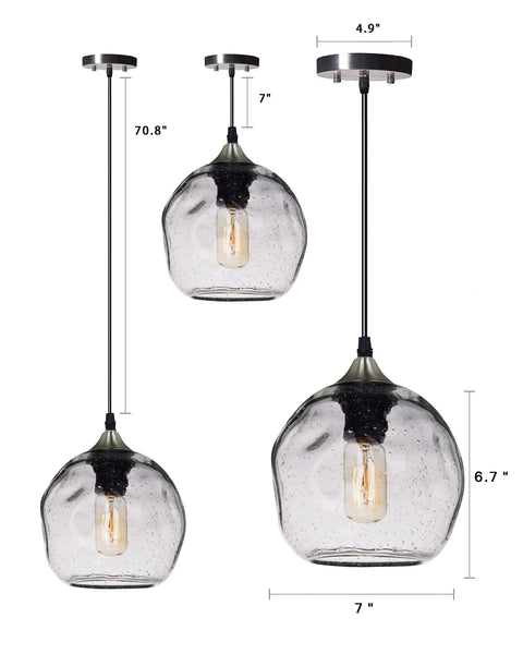 Two Pack Pendant Lights Art Glass Snowflake Design For Kitchen Island And Bedroom Nook, clear seeded bubble glass, 7 inch