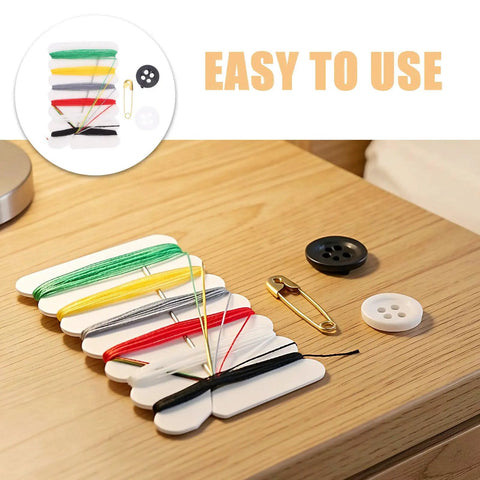 Real Deal Mini Sewing Kit With 200 Pieces As A Portable Travel Set To Mend Clothes On The Fly While Backpacking Commuting Or Just Taking It Easy On Any Long Weekend Trip, featuring colorful threads, buttons, and safety pin on a wooden table.
