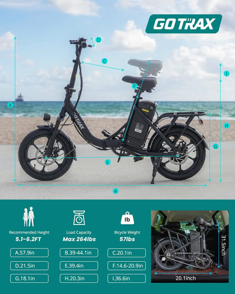 S4 16 Inch Folding Electric Bike For Adults And Teens With 350W Brushless Motor Peak 500W, black frame side view with size measurements