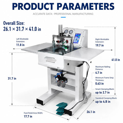 Heavy Duty Built Like A Tank Pneumatic Picture Frame Corner Joiner Machine featuring dimensions and specifications diagram.
