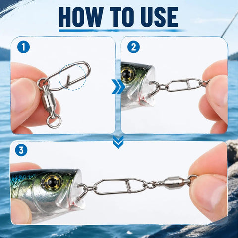 Speed Clips For Fishing Lures And Snap Swivels 30 Pack Heavy Duty Stainless Steel Quick Snap Ball Bearing Swivels For Freshwater And Saltwater Tackle Durable Power Clips For Lure Rigging, three-step lure clip use