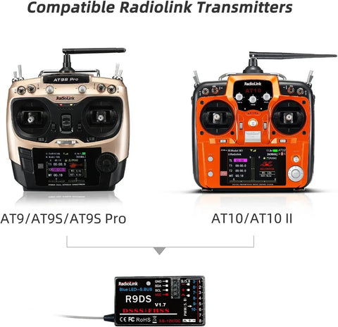 Comparison of AT9S Pro 2.4G Radio Controller Transmitter and AT10 II with R9DS Receiver for RC FPV Racing Drone Car Boat.