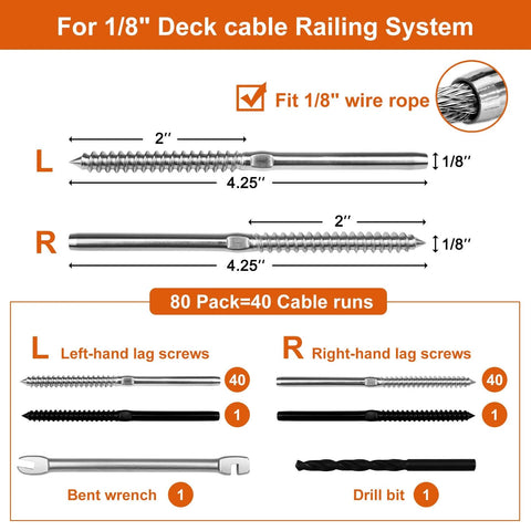 Heavy Duty Swage Lag Screws For Cable Railing 80 Pack One Eighth Inch Cable Railing Hardware Kit T316 Stainless Steel Left And Right Handed Threads For Wood Post Deck And Stair Railing System diagram with measurements and tools.