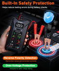 12V 24V Car Battery Tester With Digital Pro Grade All In One Battery And Alternator Tester, LCD Display, LED Indicators, Voltage Analyzer With Reverse Protection For Cars, Motorcycles, RVs And Trucks, showing clamps on battery