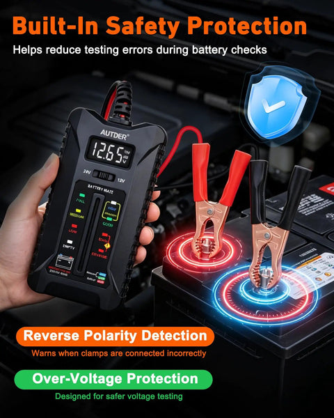 12V 24V Car Battery Tester With Digital Pro Grade All In One Battery And Alternator Tester, LCD Display, LED Indicators, Voltage Analyzer With Reverse Protection For Cars, Motorcycles, RVs And Trucks, showing clamps on battery