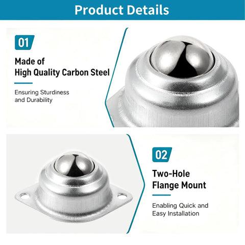 Close-up of 1 Inch Rolling Ball Transfer Casters, showcasing carbon steel, two-hole flange mount for easy installation.