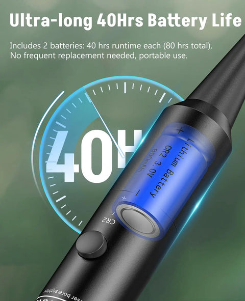 Close-up of laser bore sight showing 40-hour battery life from Laser Bore Sight Kit With 32 Adapters Red And Green Laser Sighting Universal Caliber Fit From 0.17 Up To 12 Gauge Multi Caliber Bore Sight Tool For Hunting Long Battery Life Quick Battery Swap Field Ready.