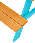 Wooden Outdoor Kids Picnic Table And Bench Set In Brown And Aqua close-up of corner assembly detailing.