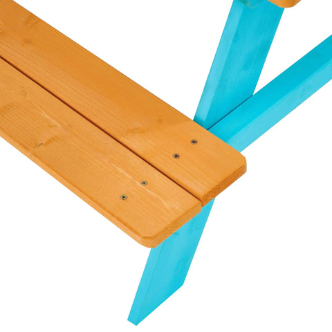 Wooden Outdoor Kids Picnic Table And Bench Set In Brown And Aqua close-up of corner assembly detailing.