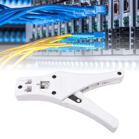 All Day Pro Grade Crimping Tool With Comfortable Ergonomic Handle shown with RJ45 connectors, ideal for quick Ethernet cable work.