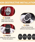 Installation steps for Slick Silicone Door Lock Protectors Universal Auto Latch Guards with adhesive backing and silicone material.