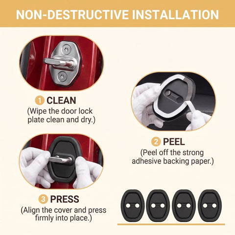 Installation steps for Slick Silicone Door Lock Protectors Universal Auto Latch Guards with adhesive backing and silicone material.