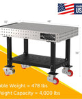 Real Deal Heavy Duty Welding Fixture Table 48x30 Inch Garage Rig With Tough Laser Cut Grid Holes Smooth Rolling Locking Casters And Quick Snap Handle Silver Usa Made, showing dimensions and details.