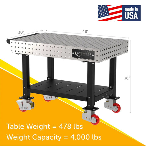 Real Deal Heavy Duty Welding Fixture Table 48x30 Inch Garage Rig With Tough Laser Cut Grid Holes Smooth Rolling Locking Casters And Quick Snap Handle Silver Usa Made, showing dimensions and details.