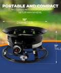 Portable Propane Fire Pit 19 Inch Smokeless Gas Firebowl With Carry Kit And Cover, 58,000 BTU, Black 893 Deluxe, dimensions shown