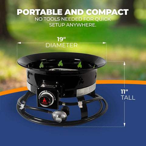 Portable Propane Fire Pit 19 Inch Smokeless Gas Firebowl With Carry Kit And Cover, 58,000 BTU, Black 893 Deluxe, dimensions shown