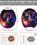 Generic Round Toilet Seat for Bathroom dimensions and sizing guide with dragon design, showing round and elongated options.