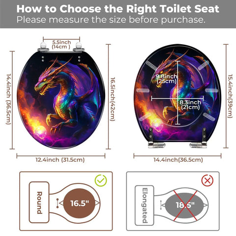 Generic Round Toilet Seat for Bathroom dimensions and sizing guide with dragon design, showing round and elongated options.