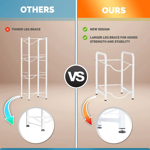 Comparison of thin vs sturdy water jug stand leg designs; two tier water jug stand for 5 and 3 gallon bottles, space saving steel rack