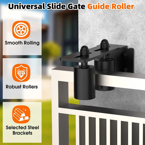Heavy Duty Sliding Gate Guide Roller Hardware Kit With 3 Inch Black Nylon Wheels And Steel L Bracket, installed on gate