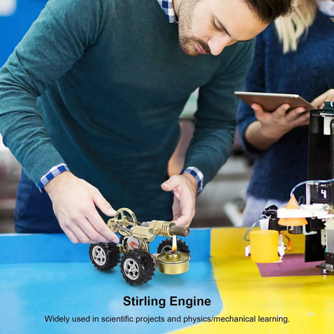 Mini Stirling Engine Model for Hands On Physics Experiments on colorful table, man adjusting external combustion motor DIY kit