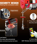 Heavy Duty Electric Winch Hoist With Wireless Remote Control For Garage Shop Use 440 Lbs Capacity showing trigger device and safety latch.