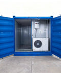Custom Built Walk In Cold Storage Container With A Badass Commercial Refrigeration Setup And Clean Stainless Steel Interior For Rock Solid Frozen Inventory Holding, featuring blue exterior and indoor refrigeration unit.