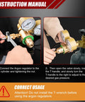 Argon welding regulator with brass dual gauges and 6.6 ft hose, installed on gas cylinder (CGA580).