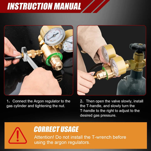 Argon welding regulator with brass dual gauges and 6.6 ft hose, installed on gas cylinder (CGA580).
