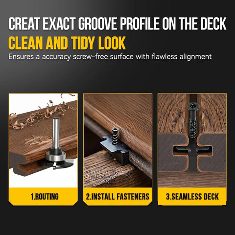 Hideaway Groove Router Bit For Composite Decking Cuts Sleek Hidden Fastener Slots Fits All Major Deck Lines And Installs Tight Hidden Connectors Smooth As Butter Square Edge Boards The Real Deal demonstrating routing process with wood shavings.