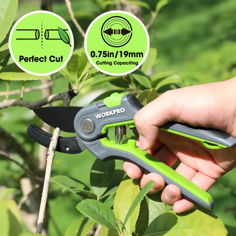 Anvil Pruning Shears 8-Inch Heavy Duty Gardening Hand Pruner with SK5 Steel Sharp Blades in use on green plant branch